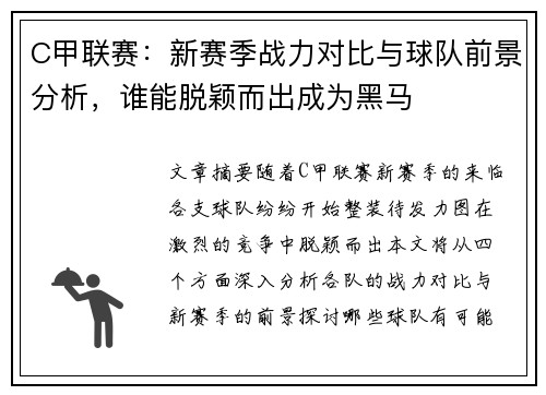 C甲联赛：新赛季战力对比与球队前景分析，谁能脱颖而出成为黑马