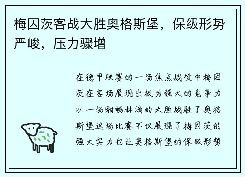 梅因茨客战大胜奥格斯堡，保级形势严峻，压力骤增