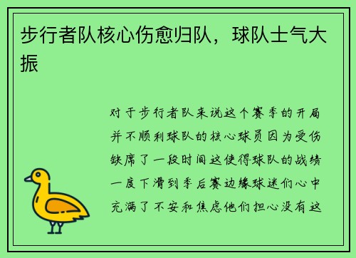 步行者队核心伤愈归队，球队士气大振